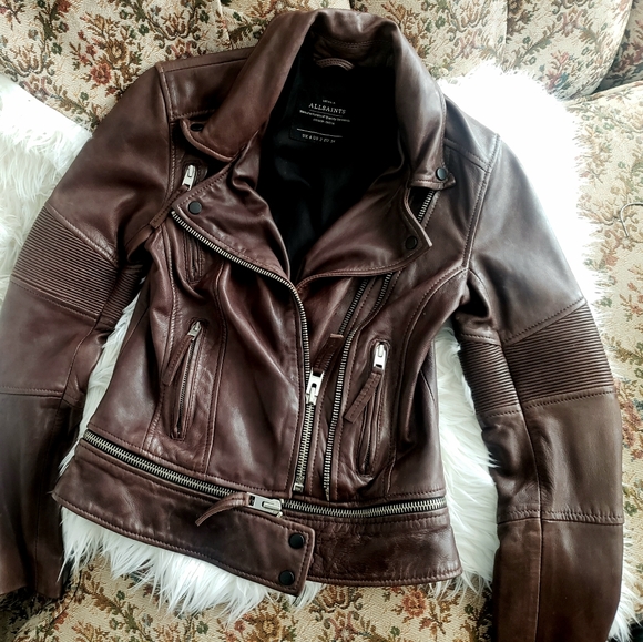 All Saints Leather Jacket Moto Biker Brown xs - Picture 8 of 15